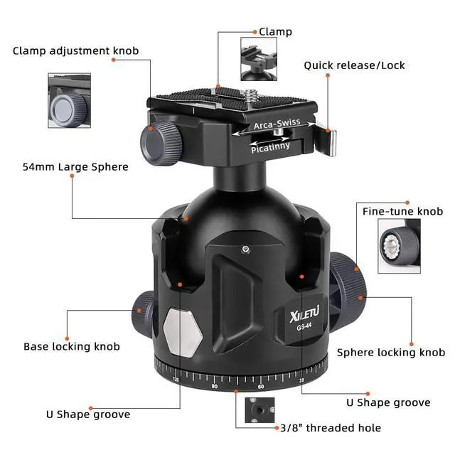 Alt view image 2 of 5 - XILETU Aluminum Ball Head for Shooting Tripod 360 Panoramic Ball Head for DSLR Camera Compatible with Arca Swiss and Picatinny Maximum Load Capacity of 55lbs for Hunting and Photography (44mm)