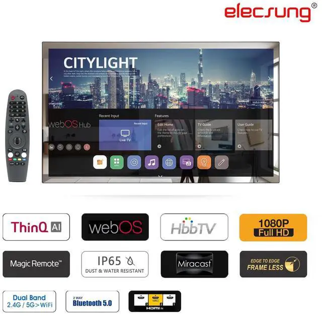 Alt view image 2 of 5 - elecsung 27inch Smart Mirror Bathroom TV 1080P Waterproof webOS System with Integrated HDTV(ATSC) Tuner, Built-in Speakers, Wi-Fi and Bluetooth, SS270U23, 2026 Model
