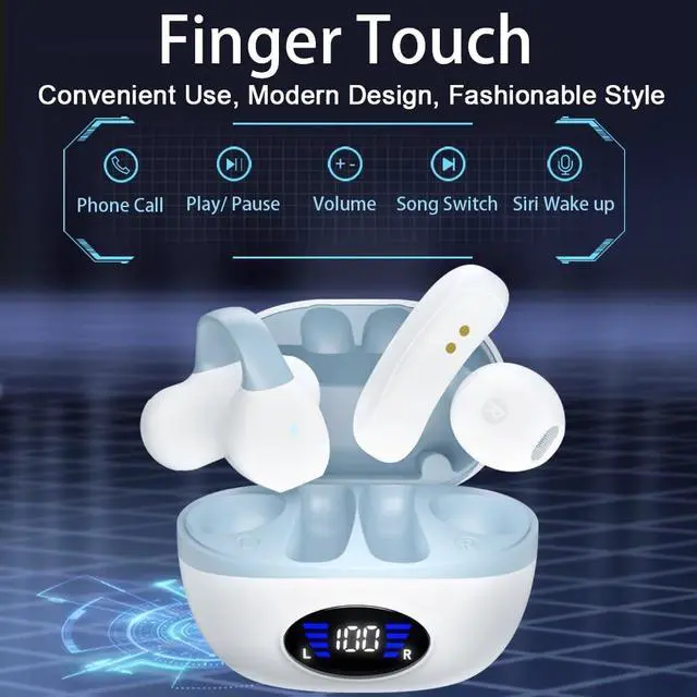 Alt view image 2 of 5 - IHAO Clip Ear Sport Earbud Headphones Bluetooth 5.3 Open Earpiece, Clip On Ear Never Fall Out 8 Hours Playtime with Charging Case, HiFi Sound Noise Reduction Painless Firm Wear IPX4 Waterproof-White