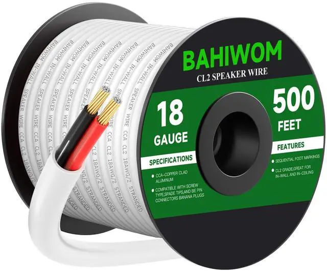 Main image of BAHIWOM 18 Gauge 500FT Speaker Wire CCA 2 Conductors Cord CL2 Rated Speaker Cable for Indoor,in-Wall,in-Ceiling,Home Theater & Commercial Audio with White PVC Jacket