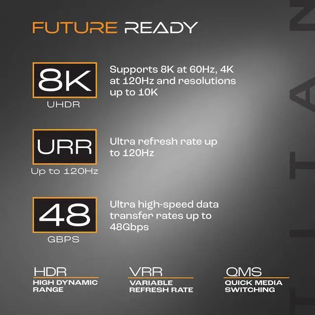 Alt view image 3 of 5 - TITAN 8K HDMI 2.1 Cable, 6 ft Braided Cord, Amber LED Light Strip, Ultra High-Speed Cable with HDR, VRR & QMS, 48 GBPS, Black, 60866