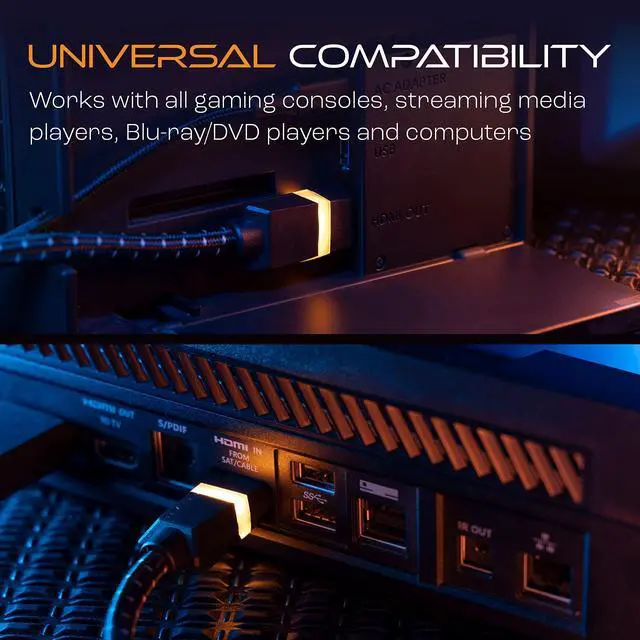 Alt view image 4 of 5 - TITAN 8K HDMI 2.1 Cable, 6 ft Braided Cord, Amber LED Light Strip, Ultra High-Speed Cable with HDR, VRR & QMS, 48 GBPS, Black, 60866