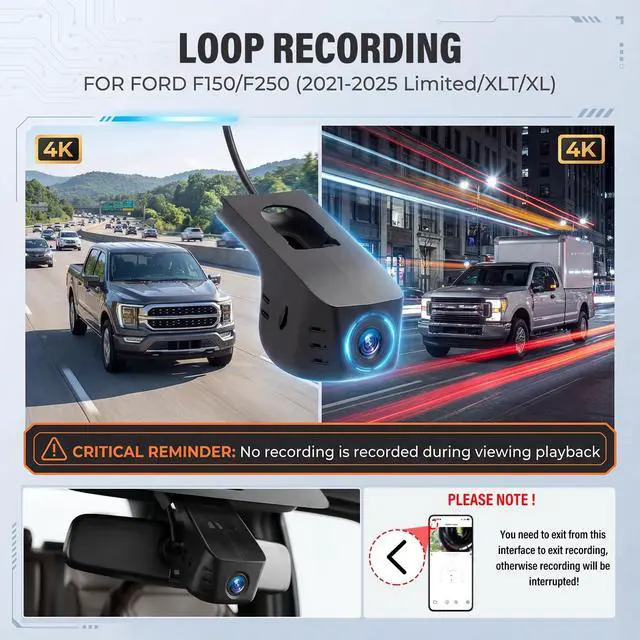 Alt view image 5 of 5 - 4K Dash Cam for Ford F150 & F250 2021-2025 Limited XLT XL Raptor Lariat Platinum King Ranch Tremor, OEM Look, UHD 2160P Video, WiFi&APP, Loop Recording, G-Sensor, Plug&Play