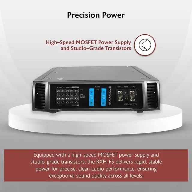 Alt view image 4 of 5 - Rockville RXH-F5 3200W 5-Channel Car Amplifier, Dyno-Certified RMS, MOSFET Power Supply, ELNA Capacitors, Class-A/B D, Perfect for Car Audio and Subs
