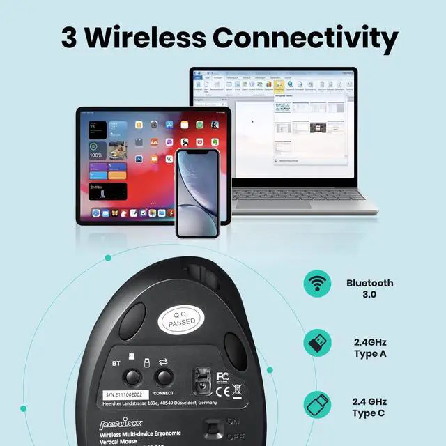 Alt view image 4 of 5 - Perixx PERIMICE-819B Bluetooth Portable Vertical Mouse - Wireless 3-in-1 Multi-Device Spec - Silent-Click - Portable Compact Size - Black - Right Handed