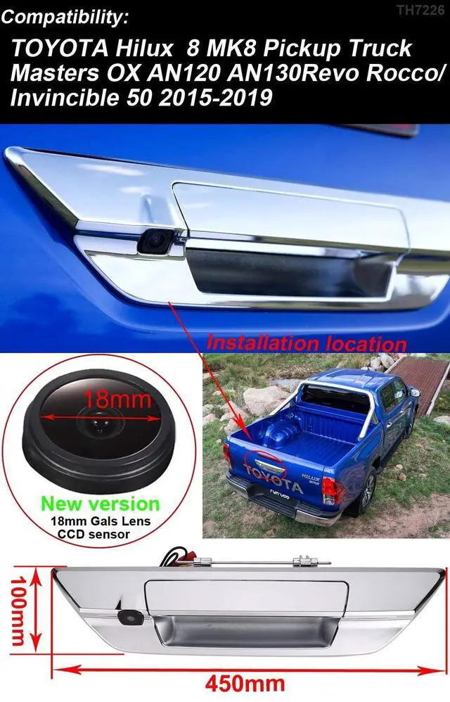 Alt view image 2 of 5 - 1280 * 720 Pixels HD Car Rear View Trunk Handle Parking Camera Replacement for Toyota Hilux 8 MK8 Pickup Truck Masters OX AN120 AN130 Revo Recco/Invincible 50 2015-2019(with 7-inch Rearview Mirror)