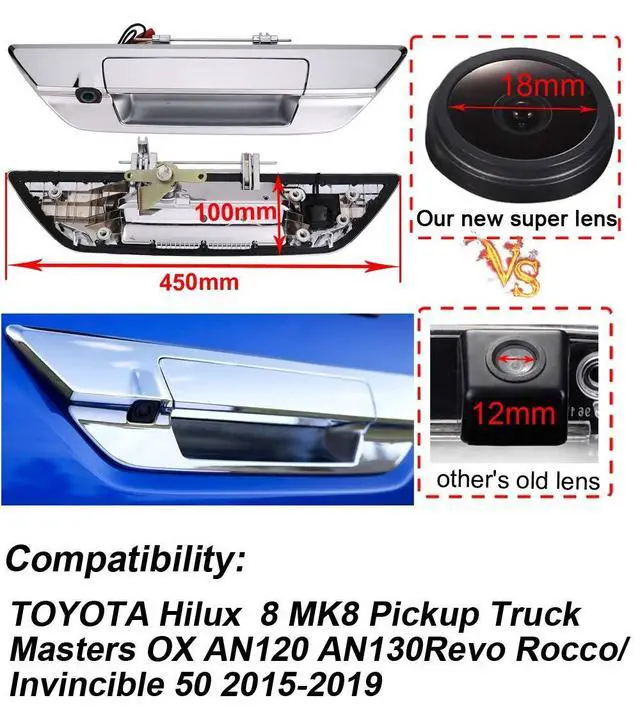 Alt view image 3 of 5 - 1280 * 720 Pixels HD Car Rear View Trunk Handle Parking Camera Replacement for Toyota Hilux 8 MK8 Pickup Truck Masters OX AN120 AN130 Revo Recco/Invincible 50 2015-2019(with 7-inch Rearview Mirror)