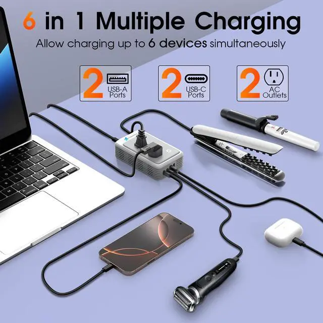 Alt view image 4 of 5 - Global Voltage Converter US to Europe for Curling Iron and Hair Straighteners, Power Converter for European Travel Plug Adapter with 2 USB A & 2 USB C Ports, Compatible with 200+ Countries