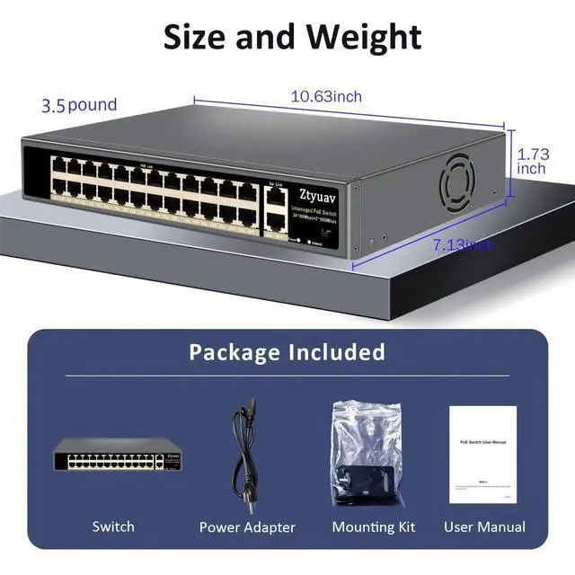 Alt view image 3 of 4 - Ztyuav 26-Port Unmanaged PoE Switch with 24 PoE+ Ports @400W 10/100Mbps and 2 Gigabit Uplink Ports, IEEE802.3af/at, PoE Watchdog, VLAN Mode, Extend to 250m, Built-in Cooling Fan, Metal Plug & Play