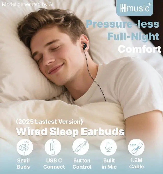 Alt view image 2 of 5 - Hmusic Sleep Earbuds,USB C Wired Sleep Headphones for Side Sleepers,30dB Noise Isolate Sleep Plugs w/Mic,2g Lightweight Ultra-Soft Silicone,Flat Thin Bed Earphones for Relax,Focus,Travel,Yoga