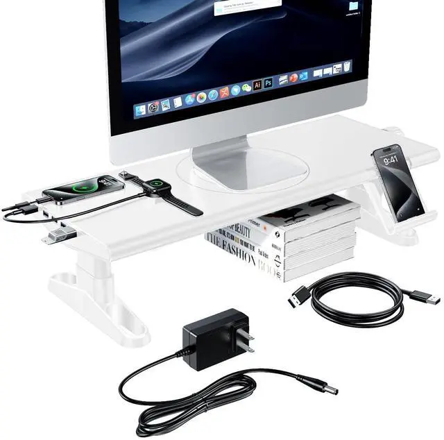 Main image of Computer Monitor Stand Riser for Desk with Usb Hub Charging,30W/5Gbps Usb C Docking Station with Power,4.4-5.7'' Height Adjustable with Phone Holder,Monitor Stands Riser for PC,Laptop,Printer(White)