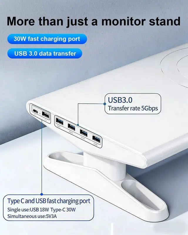 Alt view image 2 of 5 - Computer Monitor Stand Riser for Desk with Usb Hub Charging,30W/5Gbps Usb C Docking Station with Power,4.4-5.7'' Height Adjustable with Phone Holder,Monitor Stands Riser for PC,Laptop,Printer(White)