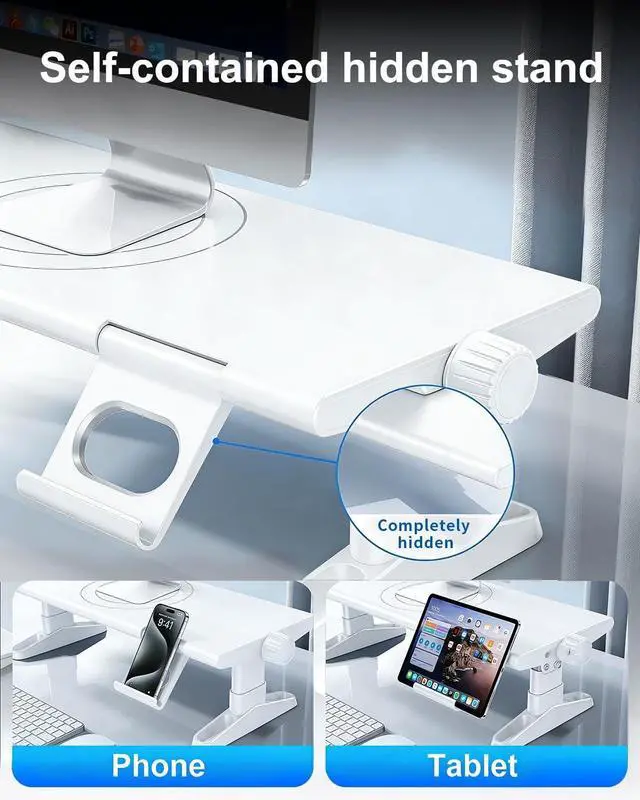 Alt view image 5 of 5 - Computer Monitor Stand Riser for Desk with Usb Hub Charging,30W/5Gbps Usb C Docking Station with Power,4.4-5.7'' Height Adjustable with Phone Holder,Monitor Stands Riser for PC,Laptop,Printer(White)