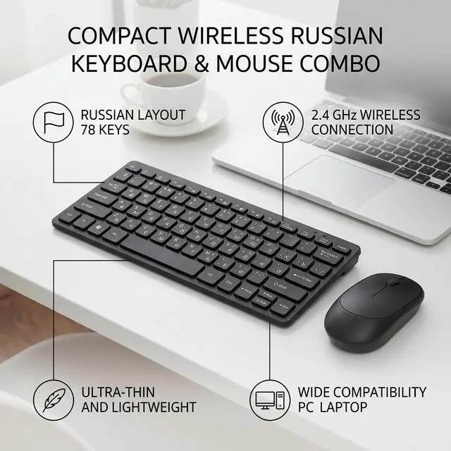 Alt view image 2 of 5 - Yoidesu Wireless Russian Keyboard and Mouse Combo 78 Key Slim 2.4G Set with Silent Mouse and USB Receiver for PC Laptop Home Office Use, Mini Wireless Keyboard and