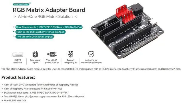 Alt view image 4 of 5 - HUB75 LED Matrix Adapter Board for Raspberry Pi/Pico, Dual Power Input