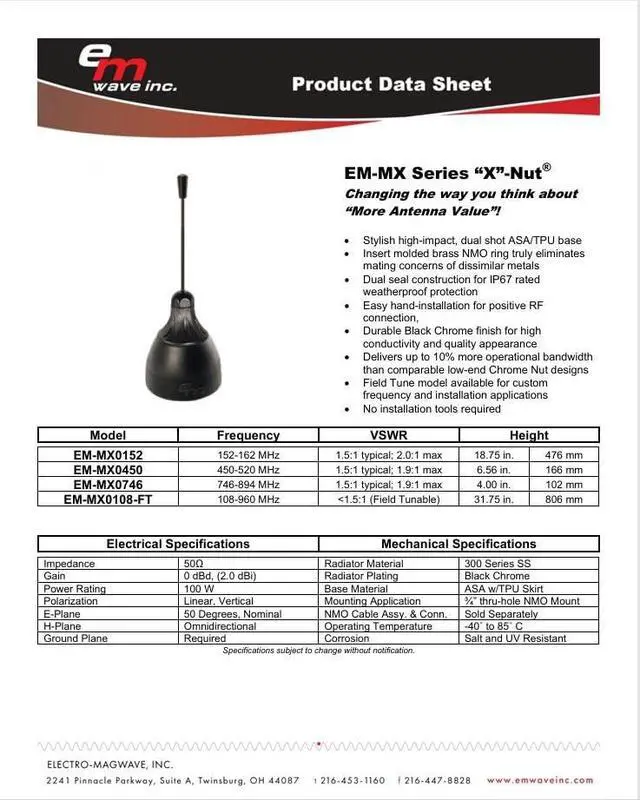 Alt view image 2 of 4 - EM Wave - EM-MX0450 - X Nut Series IP67 Rated Quarterwave Antenna 450-520 Mhz - 2DBi Gain, for Public Safety, Tetra, UHF/VHF, Mobile Radios, Marine Radios - Sold by Cable Assemblies Now