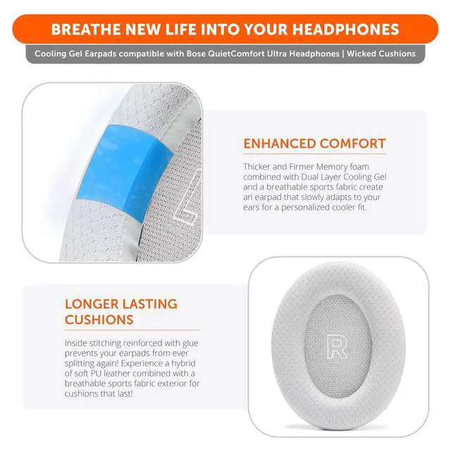 Alt view image 4 of 5 - WC Freeze QC Ultra Cooling Gel Replacement Earpads Compatible with Bose QuietComfort Ultra Gen 1 & Gen 2 by Wicked Cushions ^^ Breathable Fabric, Extra Thick & Cool ^^ White Smoke