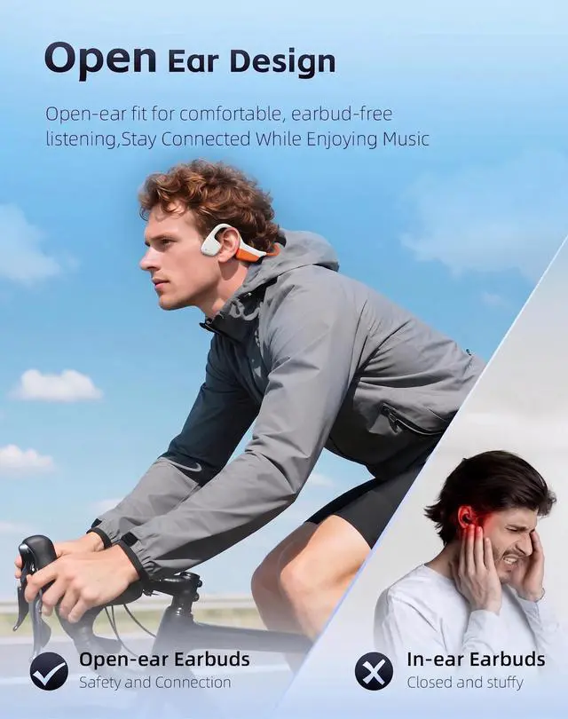 Alt view image 3 of 5 - XPAU Bone Conduction Headphones,Bluetooth 5.4 Open Ear Headset with Mic,Wireless Earphones Stereo Sound,18H Playtime, 27g Lightweight,IPX6 Sweatproof Waterproof for Running,Cycling,Workout-Oran