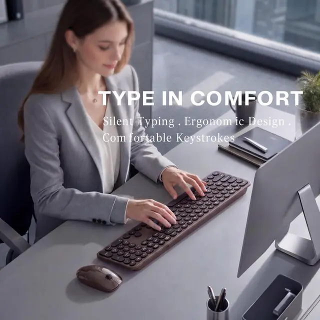 Alt view image 3 of 5 - MPTOG Wireless Keyboard and Mouse Combo, Retro Round Typewriter Keys, 2.4G Silent Connection with Number Pad, Ergonomic Aesthetic Desk Set for Home Office, Laptop, PC, Mac (Black Coffee)