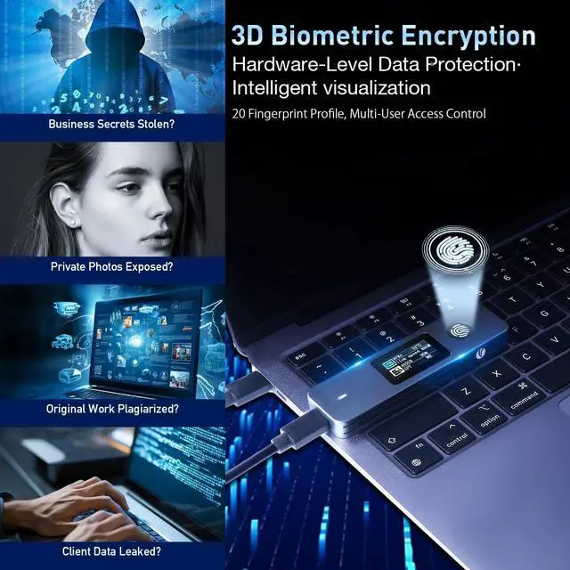 Alt view image 3 of 5 - VCOM Fingerprint Encryption SSD Enclosure with LCD Screen, 10Gbps USB 3.2 Gen2 Hard Drive Case, Support M.2 NVMe & SATA SSD, Hardware Encrypted External Drive for Mac and Windows PC