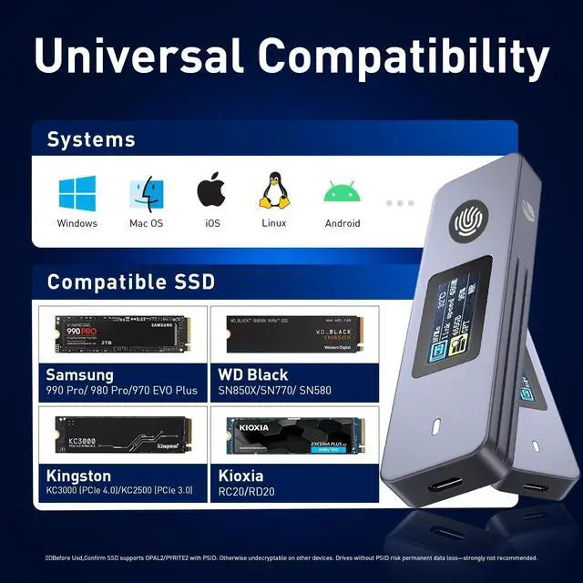Alt view image 5 of 5 - VCOM Fingerprint Encryption SSD Enclosure with LCD Screen, 10Gbps USB 3.2 Gen2 Hard Drive Case, Support M.2 NVMe & SATA SSD, Hardware Encrypted External Drive for Mac and Windows PC