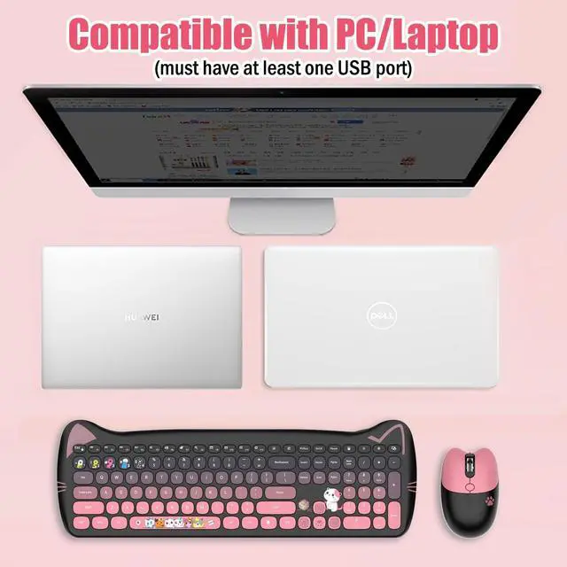 Alt view image 4 of 5 - Cute Cat 2.4G USB Wireless Keyboard and Mouse Combo, Silent Keys, Candy Colors, Compatible with Notebook, PC (BlackPink-110Keys)