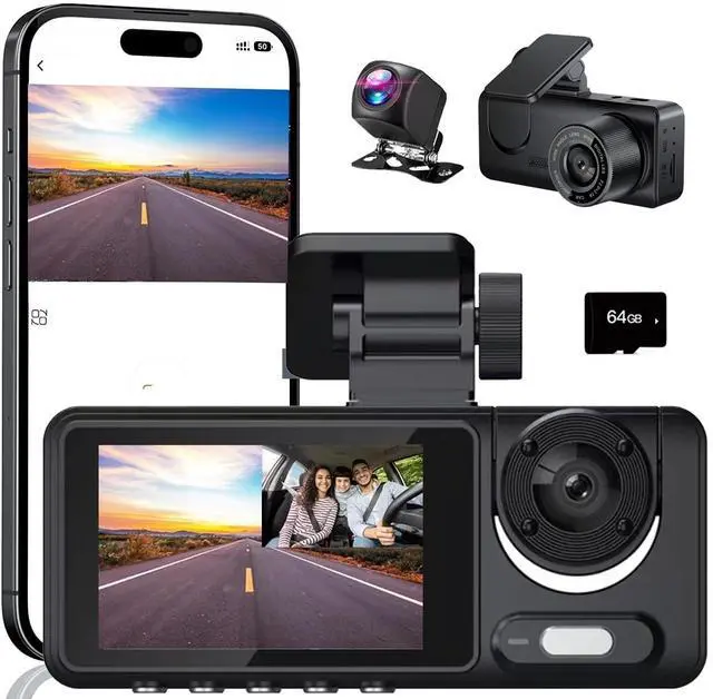 Main image of 3 Channel Dash Cam, Dash Camera, 1080P Full UHD Car Camera Front and Rear Inside with 64GB Card,Built-in Super Night Vision,2.0'' IPS Screen,170Wide Angle,WDR, 24H Parking Mode, Loop Recording