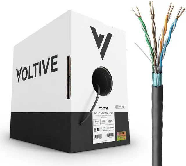 Main image of Voltive Cat5e Shielded Ethernet Cable, Riser (CMR), Black, 1000ft - 24AWG 4 Pair Solid Bare Copper, FTP, 350MHz, UL Certified & ETL Verified - V-1227-6