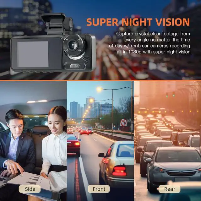 Alt view image 5 of 5 - 3 Channel Dash Cam, Dash Camera, 1080P Full UHD Car Camera Front and Rear Inside with 64GB Card,Built-in Super Night Vision,2.0'' IPS Screen,170Wide Angle,WDR, 24H Parking Mode, Loop Recording