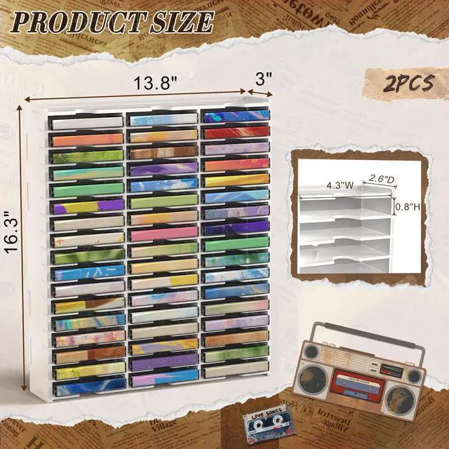 Alt view image 2 of 5 - SANFURNEY Cassette Tape Storage, 2PCS Cassette Tape Storage 51 Slot Cassette Tape Storages Desktop Rack Audio Tape Organizer All 102 Slot Wall-Mounted Cassette Holder-White