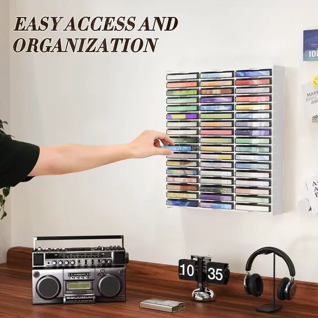 Alt view image 3 of 5 - SANFURNEY Cassette Tape Storage, 2PCS Cassette Tape Storage 51 Slot Cassette Tape Storages Desktop Rack Audio Tape Organizer All 102 Slot Wall-Mounted Cassette Holder-White