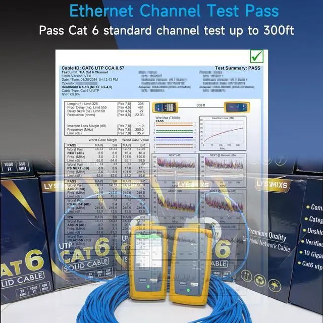 Alt view image 2 of 5 - Lysymixs Cat6 Ethernet Cable 500FT Channel Test Pass, Cat6 500ft Ethernet Cable 23AWG Solid CCA, Cat6 Cable 550MHZ 10G with Easy Pull Box Blue