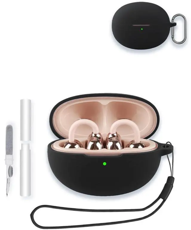 Main image of Case for 1MORE Ear Clip S12 Clip-On Earbuds 2025 New, WUNIAK Soft Silicone Protective Portable Scratch Shock Resistant Shell with Cleaner Kit & Carabiner & Lanyard for 1MORE Ear Clip S12,Black
