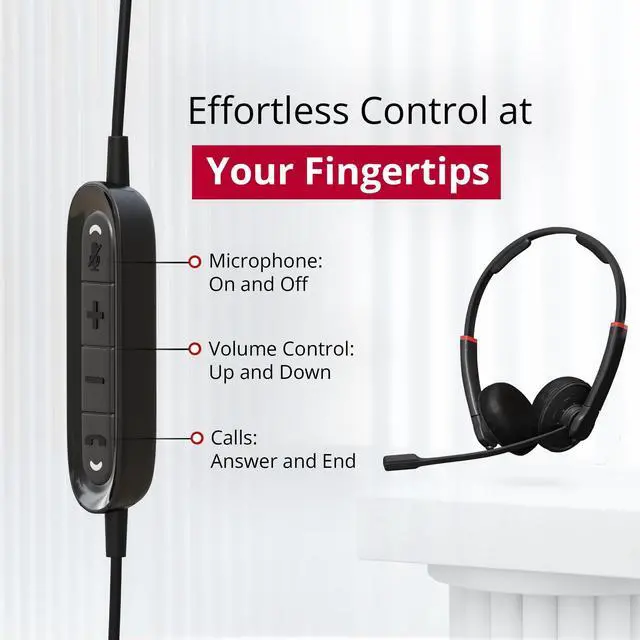 Alt view image 2 of 5 - DataLocker USB Wired Headset with Microphone for PC - TAA Compliant Computer Headphones with Mic, in-Line Volume Control, Noise Cancellation, & Adjustable Headband for Home, Skype, Zoom, & Office