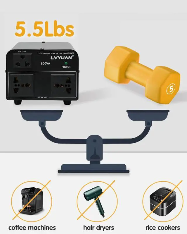 Alt view image 2 of 5 - LVYUAN Voltage Converter Transformer 800 Watt Step Up/Down Convert from 110V-120V to 220V-240Vt and from 220V-240V to 110V-120V with 2 US outlets, 2 Universal outlets, Resettable Circuit Breaker