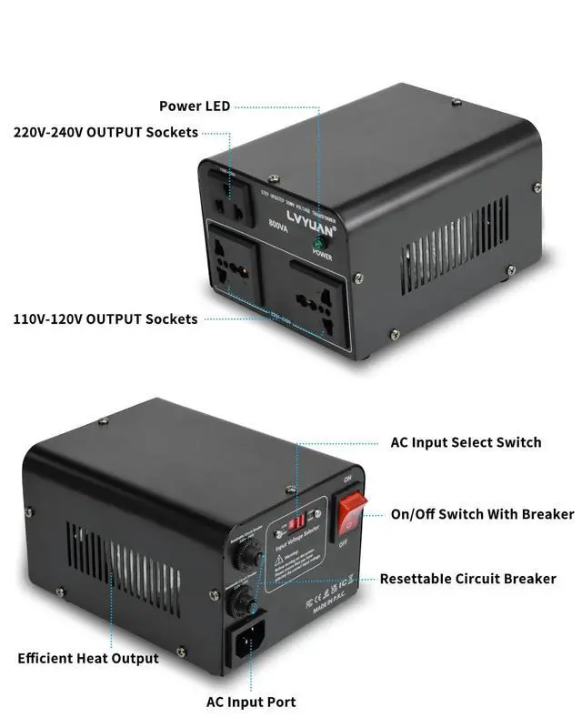 Alt view image 4 of 5 - LVYUAN Voltage Converter Transformer 800 Watt Step Up/Down Convert from 110V-120V to 220V-240Vt and from 220V-240V to 110V-120V with 2 US outlets, 2 Universal outlets, Resettable Circuit Breaker