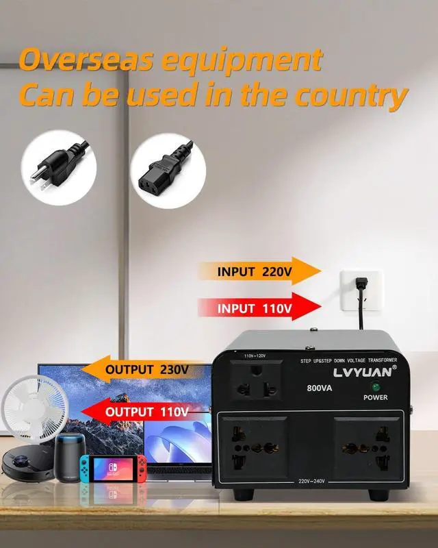 Alt view image 5 of 5 - LVYUAN Voltage Converter Transformer 800 Watt Step Up/Down Convert from 110V-120V to 220V-240Vt and from 220V-240V to 110V-120V with 2 US outlets, 2 Universal outlets, Resettable Circuit Breaker
