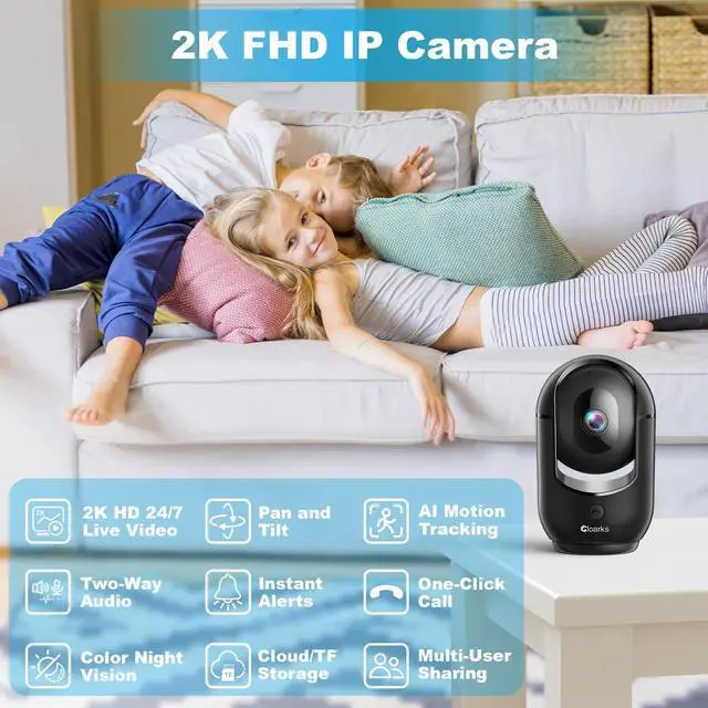 Alt view image 2 of 5 - Cloarks 2K Pan/Tilt Security Camera, WiFi Indoor Cameras for Home Security with AI Motion Detection, Pet/Dog/Baby Camera with Phone App, 2-Way Audio, 24/7, Siren, TF/Cloud StorageBlack