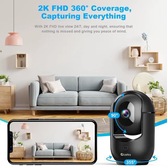Alt view image 3 of 5 - Cloarks 2K Pan/Tilt Security Camera, WiFi Indoor Cameras for Home Security with AI Motion Detection, Pet/Dog/Baby Camera with Phone App, 2-Way Audio, 24/7, Siren, TF/Cloud StorageBlack