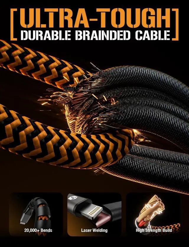 Alt view image 3 of 5 - ToughTested Lightning to USB Cable 6FT - MFi Certified iPhone Fast Charger Cord, Double-Braided Nylon, 3AMPS Fast Charging Compatible iPhone 14 13 12 11 Pro Max X XS XR 8 7 6 Plus and More