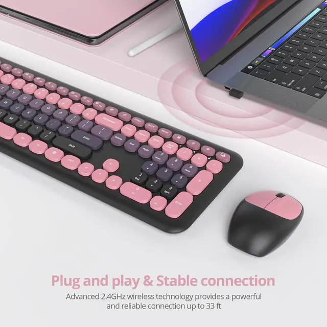 Alt view image 2 of 5 - Fogruaden Quiet Wireless Keyboard and Mouse, 2.4GHz Retro Cute Typewriter-Style Full-Size Colorful Keyboard and Mouse Combo, Slim Design, Low-Noise Typing for Home, Office, Windows PC (BerryBla