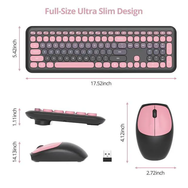 Alt view image 3 of 5 - Fogruaden Quiet Wireless Keyboard and Mouse, 2.4GHz Retro Cute Typewriter-Style Full-Size Colorful Keyboard and Mouse Combo, Slim Design, Low-Noise Typing for Home, Office, Windows PC (BerryBla