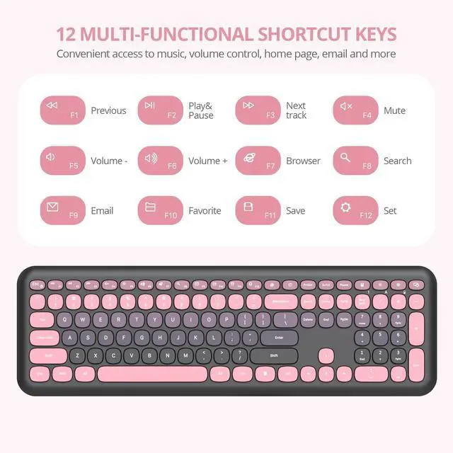 Alt view image 5 of 5 - Fogruaden Quiet Wireless Keyboard and Mouse, 2.4GHz Retro Cute Typewriter-Style Full-Size Colorful Keyboard and Mouse Combo, Slim Design, Low-Noise Typing for Home, Office, Windows PC (BerryBla