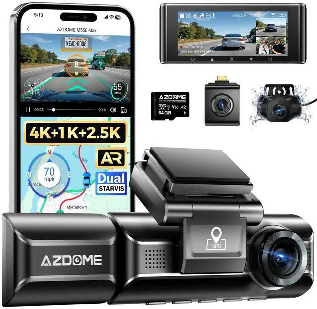 Main image of AZDOME M550 Max 4K 3 Channel Dash Cam, Dual STARVIS Sensors, AR Effects 4K+2.5K+1080P Front and Rear Inside Triple Car Camera, Built-in WiFi GPS, 64GB Card Included, IR Night Vision, WDR, G-Sensor