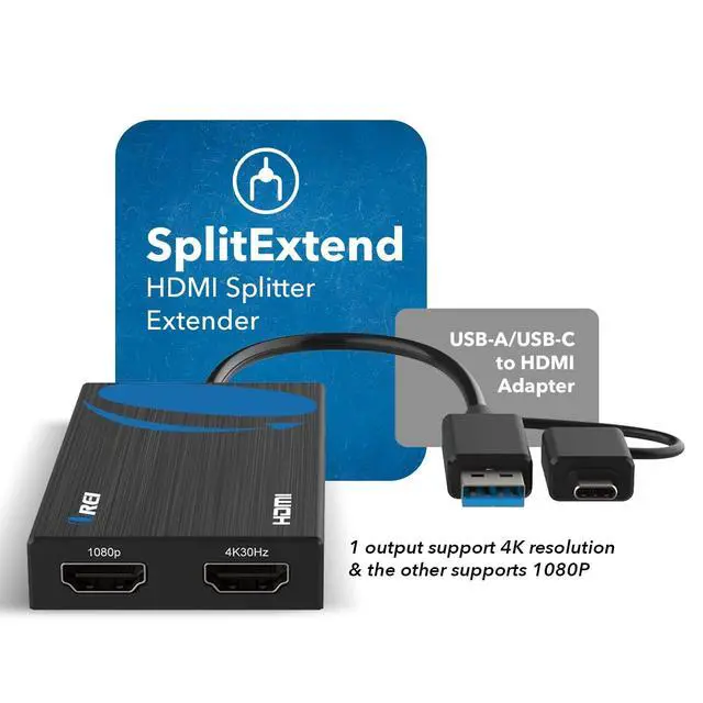 Alt view image 2 of 5 - OREI SplitExtend HDMI Splitter Extended Display for Dual Monitor - Multi-Monitor Display 3 Separate Screens - USB A & USB-C Adapter to HDMI 2.0, 4K@30Hz Output 1, 1080p Output 2 for Windows, Mac OS G