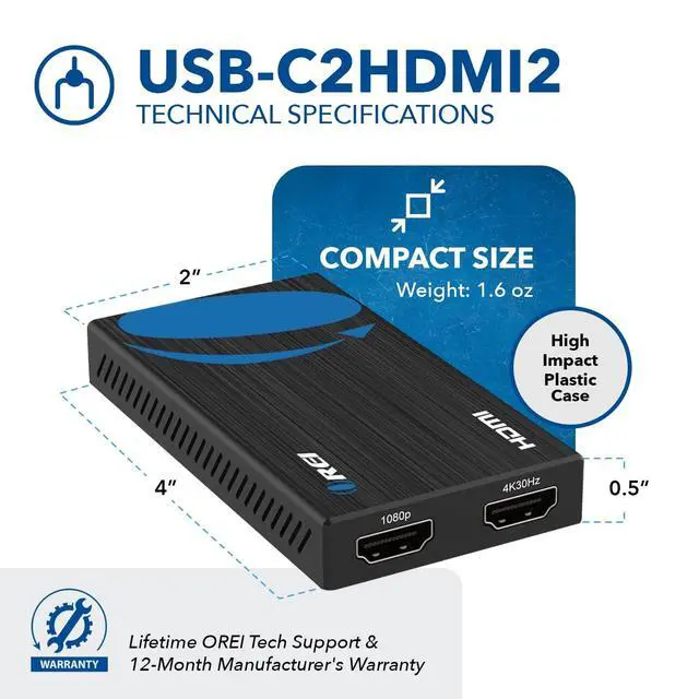 Alt view image 5 of 5 - OREI SplitExtend HDMI Splitter Extended Display for Dual Monitor - Multi-Monitor Display 3 Separate Screens - USB A & USB-C Adapter to HDMI 2.0, 4K@30Hz Output 1, 1080p Output 2 for Windows, Mac OS G