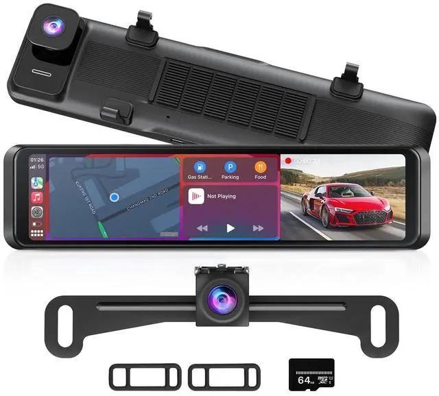 Main image of 4K Rear View Mirror Camera with Carplay & Android Auto: 11.26" Smart Touch Screen Mirror Dash Cam Front and Rear with Voice Control, Parking Monitor, Reverse Assist for Car Truck SUV Van (64GB Card)