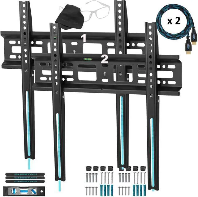 Main image of Cheetah Fixed TV Mount (2-Pack) for Most 26-60 Inch TVs up to 115lbs, Each with 10ft HDMI Cable, VESA 400x400mm, Flat Screen TV Wall Mount Bracket, Fits 16" Studs, Quick Release Lock, Low 1" Profile