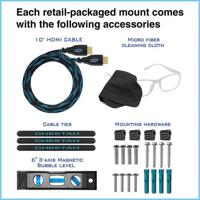 Alt view image 2 of 5 - Cheetah Fixed TV Mount (2-Pack) for Most 26-60 Inch TVs up to 115lbs, Each with 10ft HDMI Cable, VESA 400x400mm, Flat Screen TV Wall Mount Bracket, Fits 16" Studs, Quick Release Lock, Low 1" Profile