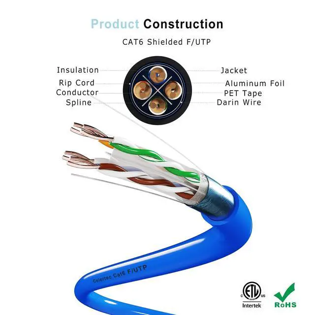 Alt view image 2 of 5 - celertec CAT6 Shielded Cable, 500ft, FTP (Overall Foil Shield), 23AWG Solid Bare Copper, 550MHz, ETL Listed &CMR Riser Rated, Indoor, Bulk Ethernet Cable, Blue